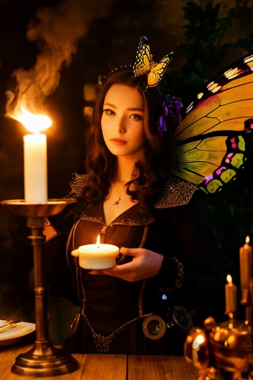 Steampunk Faery Girl,  Butterfly Wings, robot Cat, in a candle lit room ,STEAM PUNK