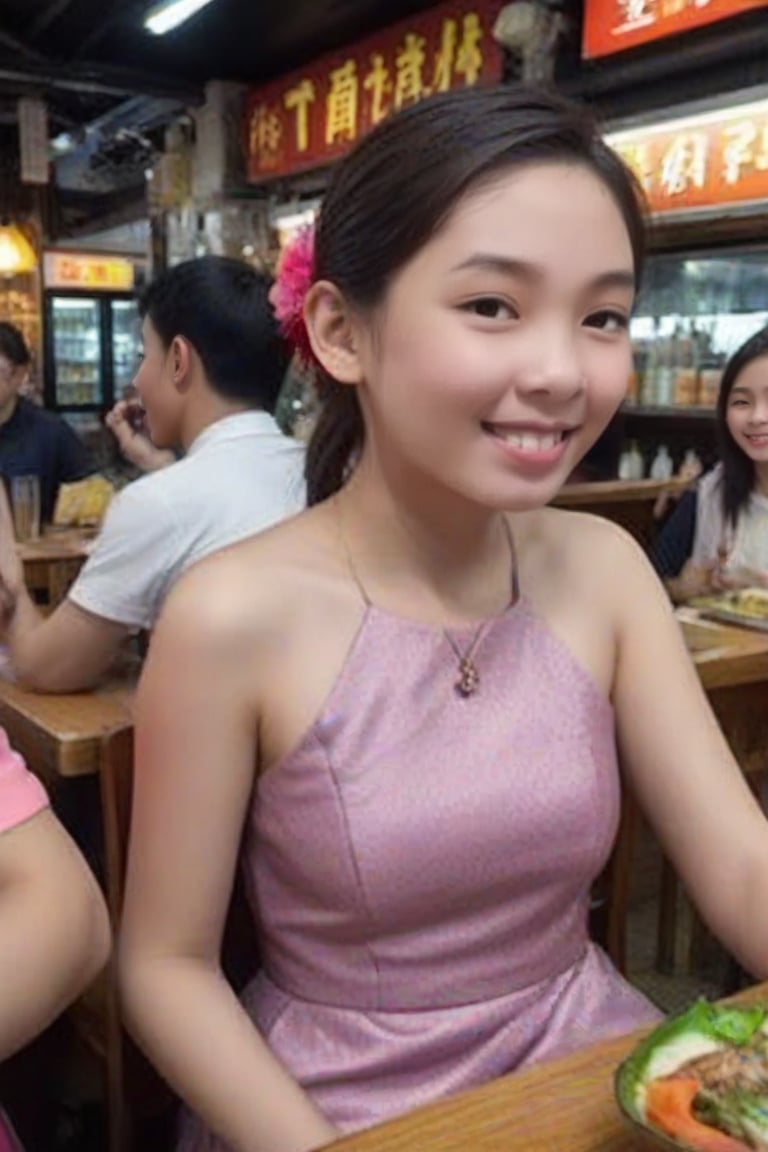 A young Asian tween student female with long brown updo hair and a shy smile sitting in a crowded bustling restaurant store. Her arms are laden with a small lady bag only, exuding an aura of youthful energy and casual chic. Highly detailed formal closed neck long dress, pink jacket, ENHANCE XL,4k,ENHANCE Facial details,extremely detailed