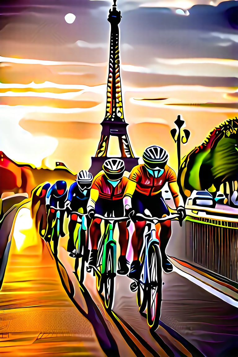 A majestic shot: against the Eiffel Tower in backdrop, a group of Paris Olympic Games biker athletes caught mid game in cycling race, their vibrant uniforms bursting forth against the warm evening sky. The athletes' determined faces and strong poses convey unity and strength, set amidst the City of Light's most recognizable landmark, the Eiffel Tower's majestic silhouette looming large in the background.