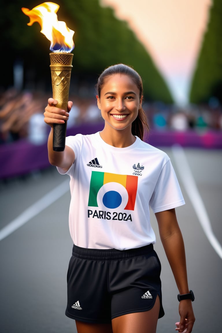 Mid shot of girl's subtle smile radiates confidence as she holds the Olympic torch aloft, her white t-shirt and black sport shorts a sleek contrast to the vibrant atmosphere. Text "PARIS 2024" written on her shirt serves as a declaration of pride. Her pose, captured in mid-stretch, exudes a sense of dynamic energy. The high-resolution image is rendered in exquisite HDR detail, with every subtle texture and nuance brought to life in a masterpiece of digital art.