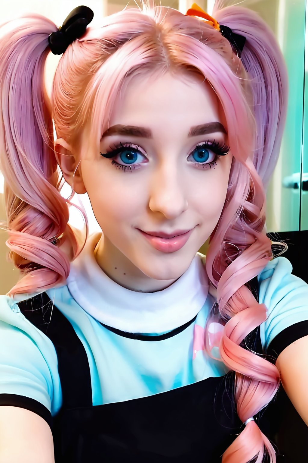 BELLE DELPHINE , PERFECT BEAUTY, winking at the camera, LIGHT PINK HAIR, PIGTAILS, gamer thot, wing tip eye makeup, button nose, e girl, sexual look, THIN UPPER LIP, BATHROOM MIRROR SELFIE, catlike features