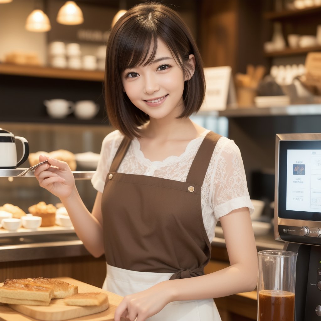 (masutepiece, Best Quality, Ultra High Resolution),1girl in,Short hair, Brown hair, beautiful and detailed face, Detailed eyes,Cafe clerk in apron, in a cafe,(in your 40s)((a smile))