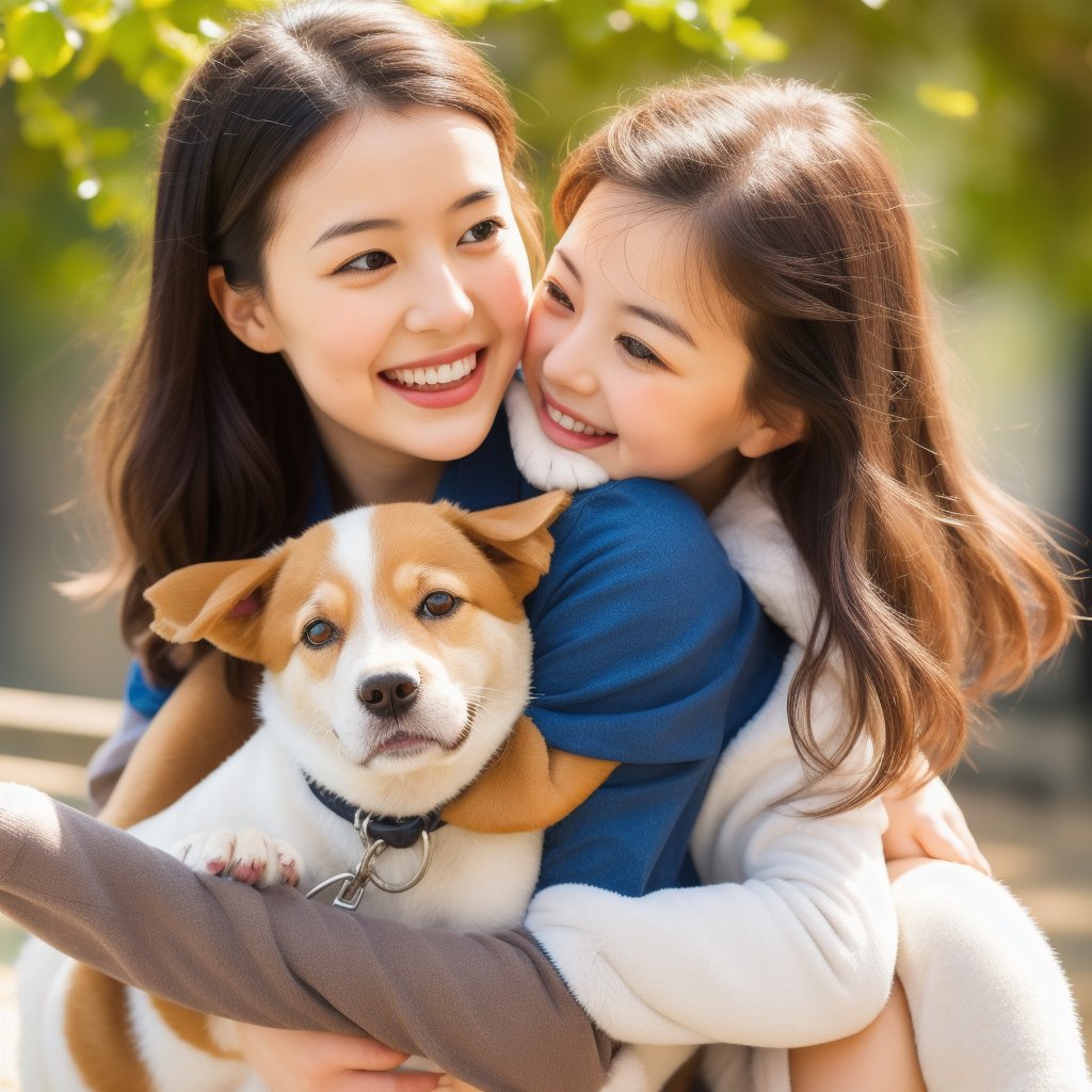 A charming girl playing with a young Shiba Inu, hyper-realistic, zip realism, detailed background, natural lighting, outdoor setting, playful and joyful atmosphere, detailed face and fur textures, vibrant colors