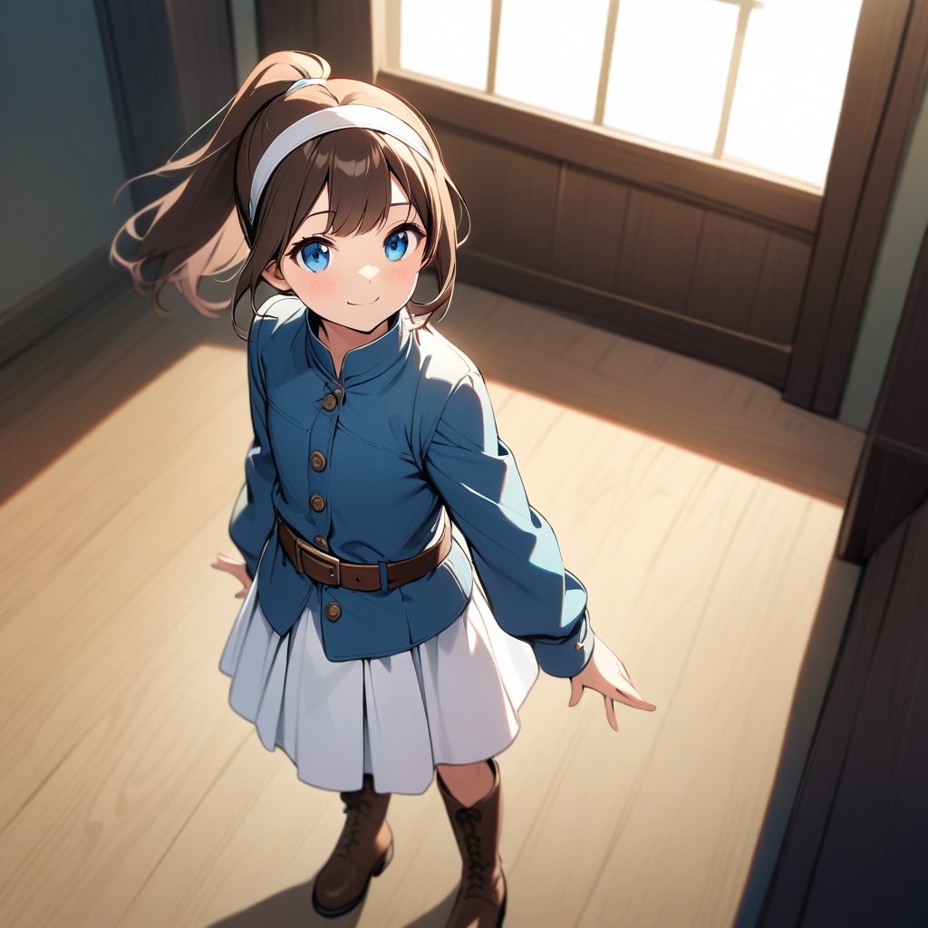 top quality, very delicate and beautiful, girl, 11 years old, (dark brown hair), blue clothes with vertical buttons, belt at the waist, white skirt, (ponytail)), (white hair band), (brown boots), blue eyes, standing, smile,