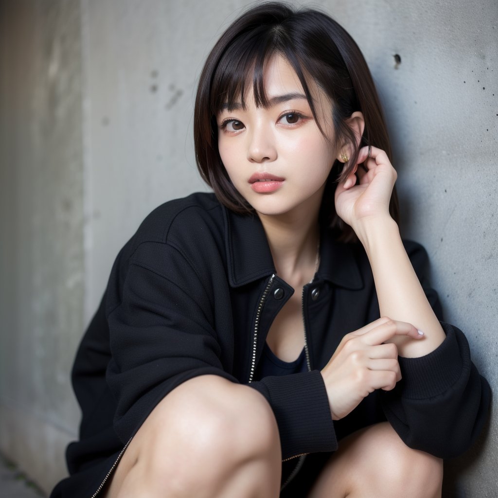 Best-quality, Masterpiece, Ultra-High-Resolution, (Photorealistic:1.4), Raw-Photo, 1girl, the most famous Japanese idol, (wearing wearing black jacket, white dress-shirt, black slacks), (sitting against wall, hold a lit cigarette in her left hand, putting her right hand on her right cheek, head tilt), extremely cute face, extremely beautiful big-black-eyes, extremely beautiful black-short-cut-haired, extremely beautiful skins