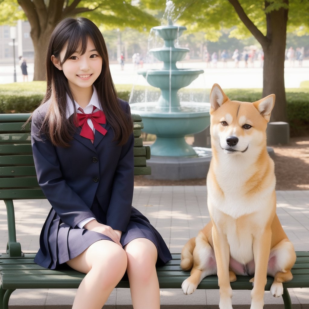 Please produce a high school girl wearing a Japanese school uniform. She is holding a medium-sized Shiba Inu dog. Her hair is short and dark brown, and she has a gentle smile on her face. She is sitting on a park bench and there is a fountain in the background. (Top quality, 8K, Masterpiece:1.3), highly detailed, realistic, high resolution