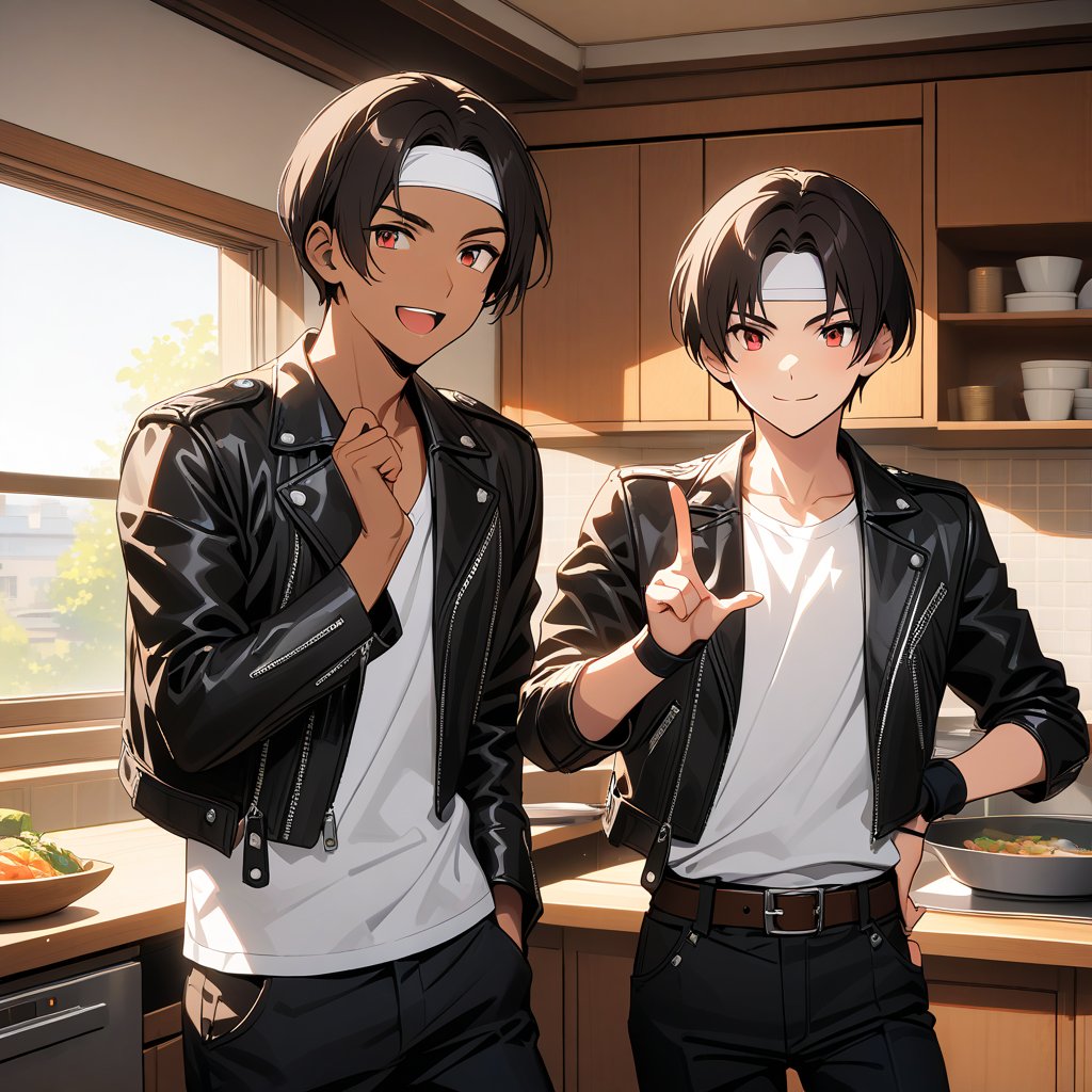 ((Best Picture Quality, 8K, Masterpiece:1.3)), dark hair, short cut, dark skin, red eyes, young male and female, dressed in ((black leather jacket with rolled up arms)), fingerless gloves, white T-shirt, ((white headband)), black pants, white shoes and brown belt. Smiling confidently, in kitchen with large window, enjoying, making Japanese food, smiling child, talking, peace sign gesture, short dark hair, student, indoors, face very fine, fingers very fine