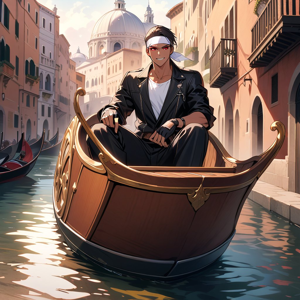 Orochikyo, 1 person, alone, Dark Skin,Red eyes,Black jacket, Fingerless gloves, White T-shirt, White headband, Black trousers, White shoes, Brown belt, good looking, charm, masterpiece, High resolution, Detailed face,fine grain, A confident grin,streets of venice,Riding a gondola