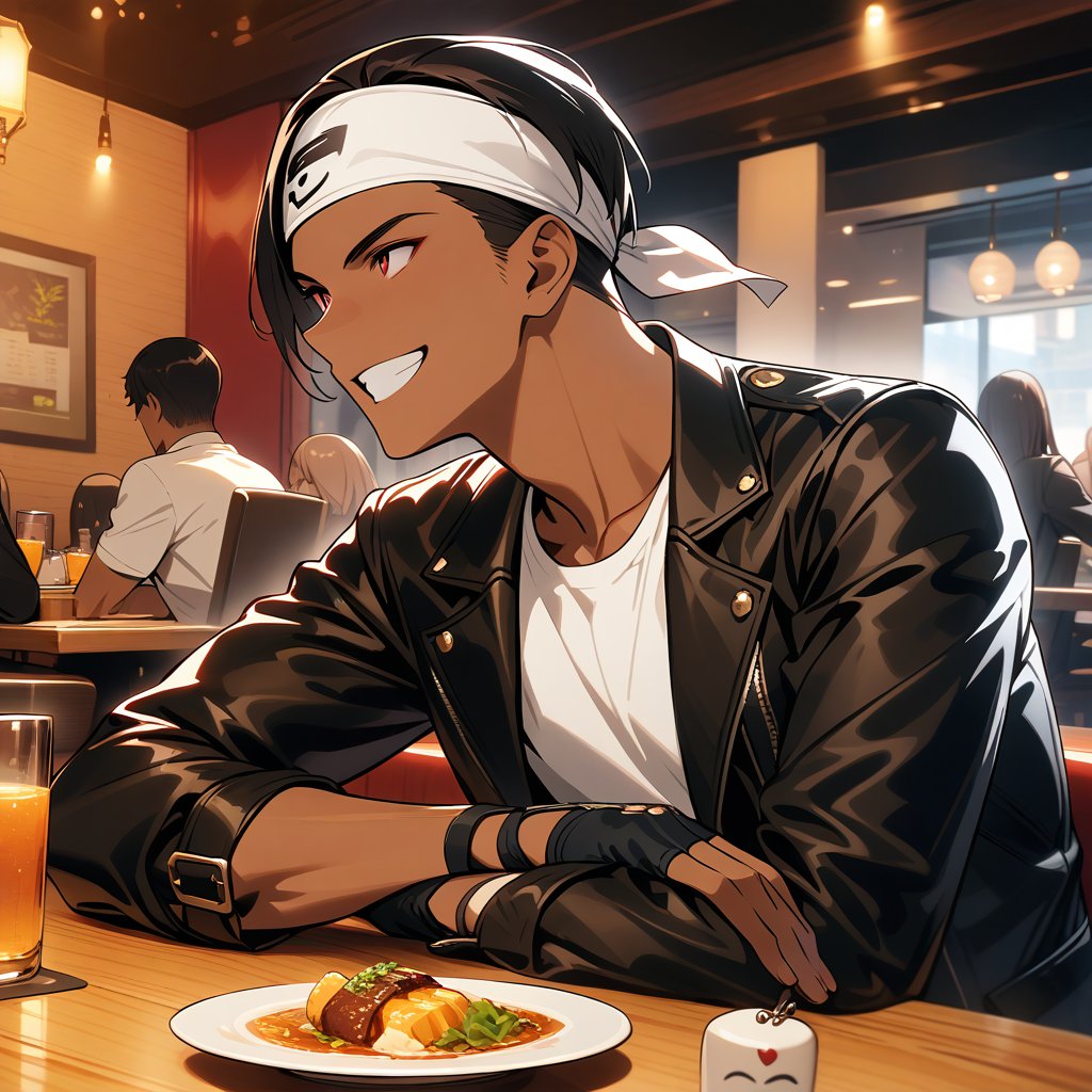 Orochikyo, Dark Skin,Red eyes,Black jacket, Fingerless gloves, White T-shirt, White headband, Black trousers, White shoes, Brown belt, good looking,indoor, charm, masterpiece, High resolution, Detailed face,fine grain, A confident grin,Dining with friends at a restaurant,speaking