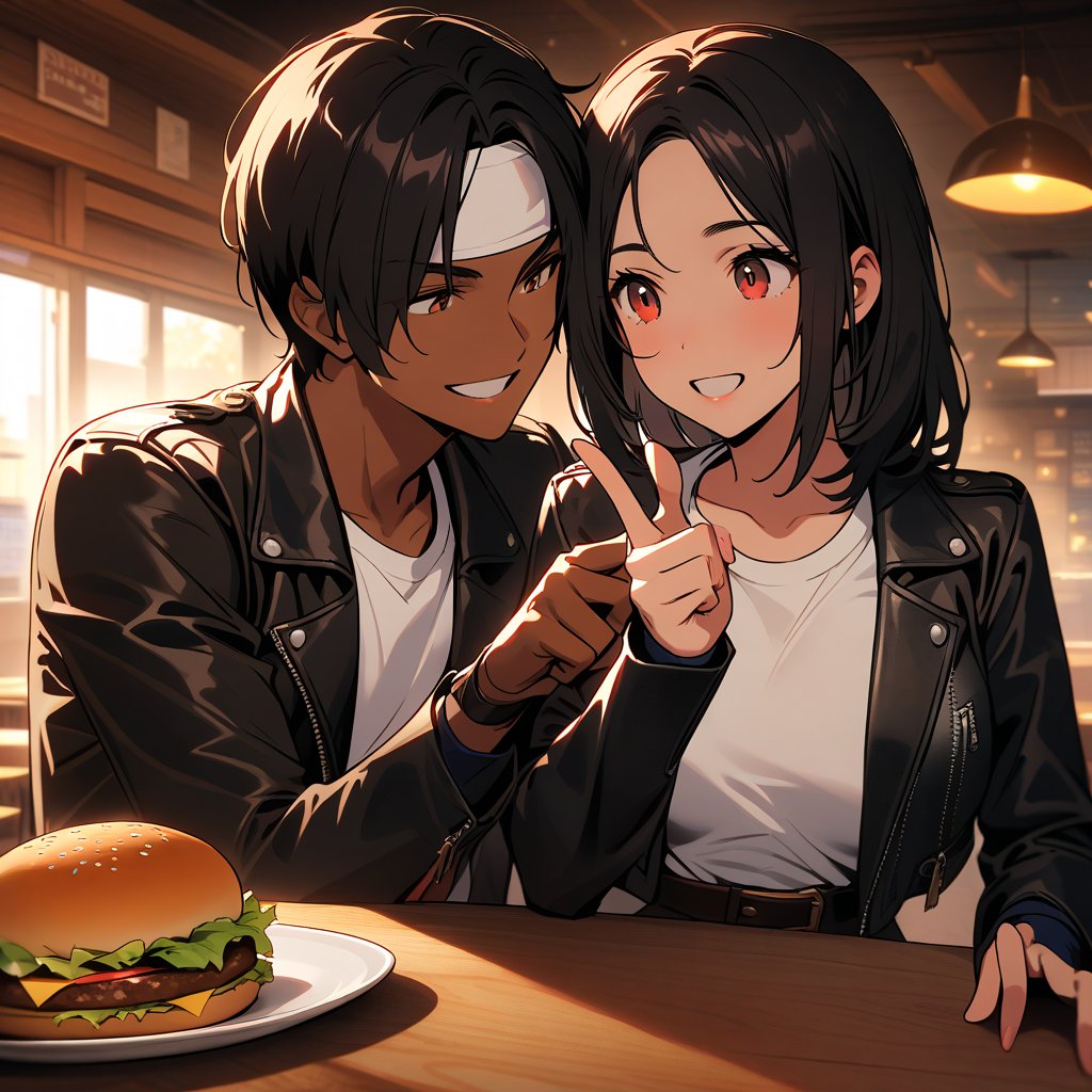 A stunning 8K masterpiece! A confident couple, arms wrapped around each other's waists, stands in a cozy restaurant after school. The woman's short black hair frames her bright red eyes, which sparkle with joy as she gazes at her partner. Her brown skin radiates warmth, complemented by the fine texture of her features. She wears a white T-shirt, black pants, and white shoes with a brown belt, and dons fingerless gloves under a black leather jacket with rolled-up arms and a white headband. The man's confident smile mirrors hers as they chat, fingers intertwined in a peace sign gesture. A juicy hamburger on the table catches their attention, its fine texture a testament to the delicious meal ahead.