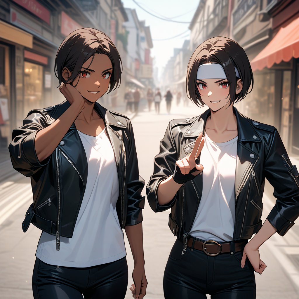 ((Best Picture Quality, 8K, Masterpiece:1.3)), two young women, confident smile, talking, gesture using peace sign, short cut, dark hair, dark skin, red eyes, shopping street, ((black leather jacket with arms rolled up)), fingerless gloves, white T-shirt, ((white headband)), black slacks, white shoes and brown belt, detailed face, detailed fingers band)), black long pants, white shoes and brown belt, detailed face, detailed fingers