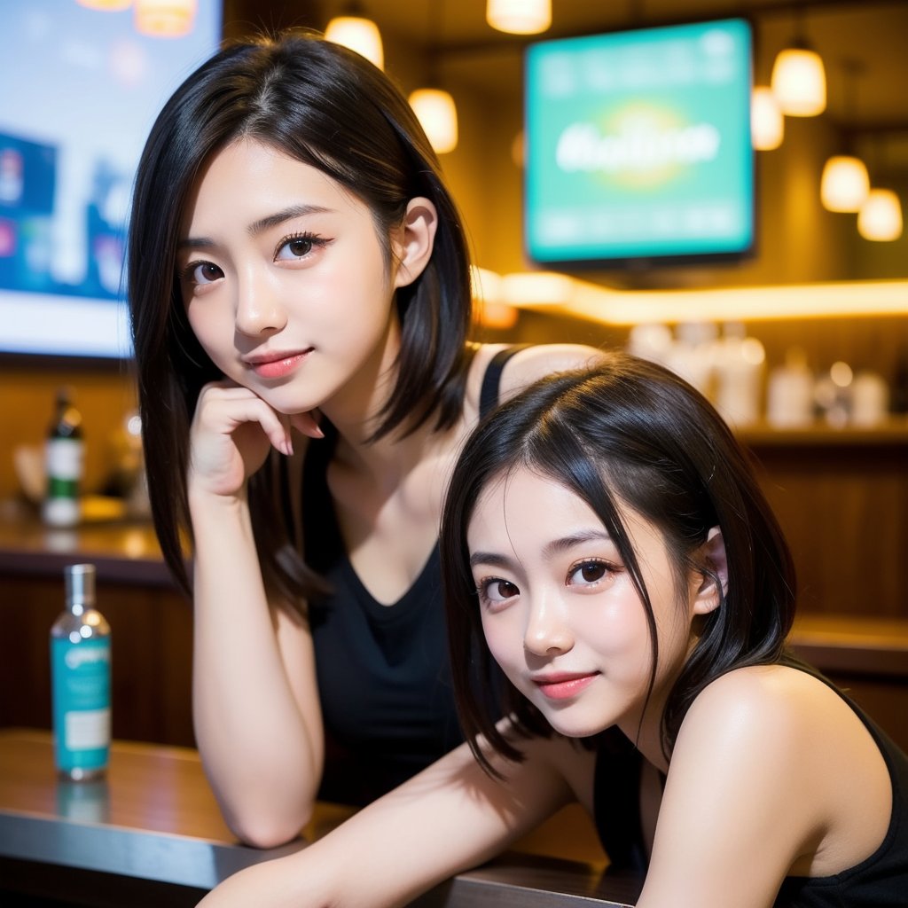 Best-quality, Masterpiece, Ultra-High-Resolution, (Photorealistic:1.4), Raw-Photo, depth of field, professional-lighting, 1girl, the most famous Japanese idol, 15-years-old, in hotel bar, (extremely cute face like the most popular Japanese idol, ((extremely beautiful big-black-eyes)), extremely beautiful black-short-cut-haired), extremely beautiful skins, extremely beautiful long-eyelashes, extremely beautiful lips, looking at viewer, innocent-smile, detailed hotel-bar