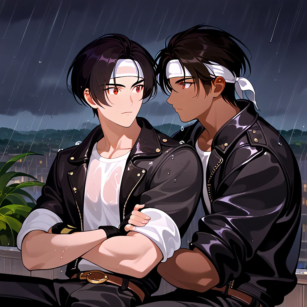 Orochiquillo, dark skin, couple, two people, man and woman, red eyes, ((black leather jacket with rolled up arms)), fingerless gloves, black hair, white T-shirt, ((white headband)), black pants, white shoes, brown belt, handsome, shot, charming, masterpiece, high resolution, detailed face, fine grain, day, rainy Rainy sky, Confident surprised face, With lover, Promenade des Anglais, Dining on terrace, Drinking brandy in rocks glass, Raining, France, Palm facing up, Concerned about rain leg, Sitting cross-legged