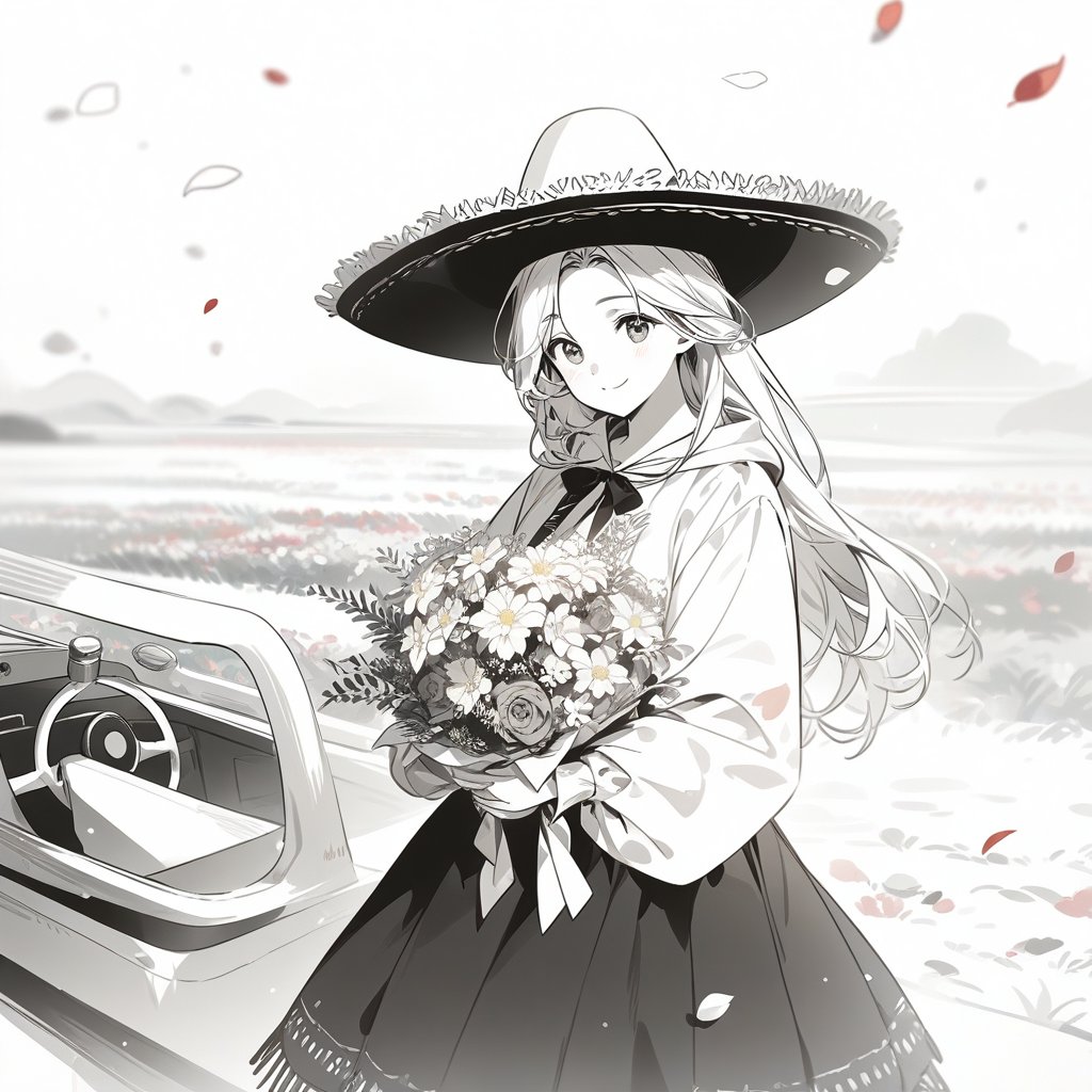 ((Masterpiece, Best quality)), Barbie doll, alone, long hair, looking at viewer, smiling, fringe, wearing skirt, shirt, long sleeves, sombrero, dress, bow, participating, closed mouth, flower, steering wheel, flor del cabello, flower petals, ramo de flores, clamp flower, steering wheel centrales, hood, holding bouquet, field, flower, line art, monochrome
