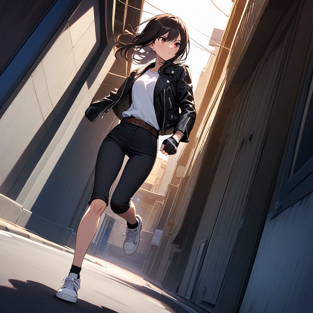 A high-angle shot captures a dynamic scene of a young woman with dark hair and skin, red eyes aglow, as she runs down the street in a hurry. She wears a black leather jacket with rolled-up arms, white T-shirt, and fingerless gloves, her legs encased in black pants. A brown belt cinches at her waist, and white shoes add a pop of brightness. A white headband keeps stray locks at bay as she hastens to school, bread tucked under one arm.

