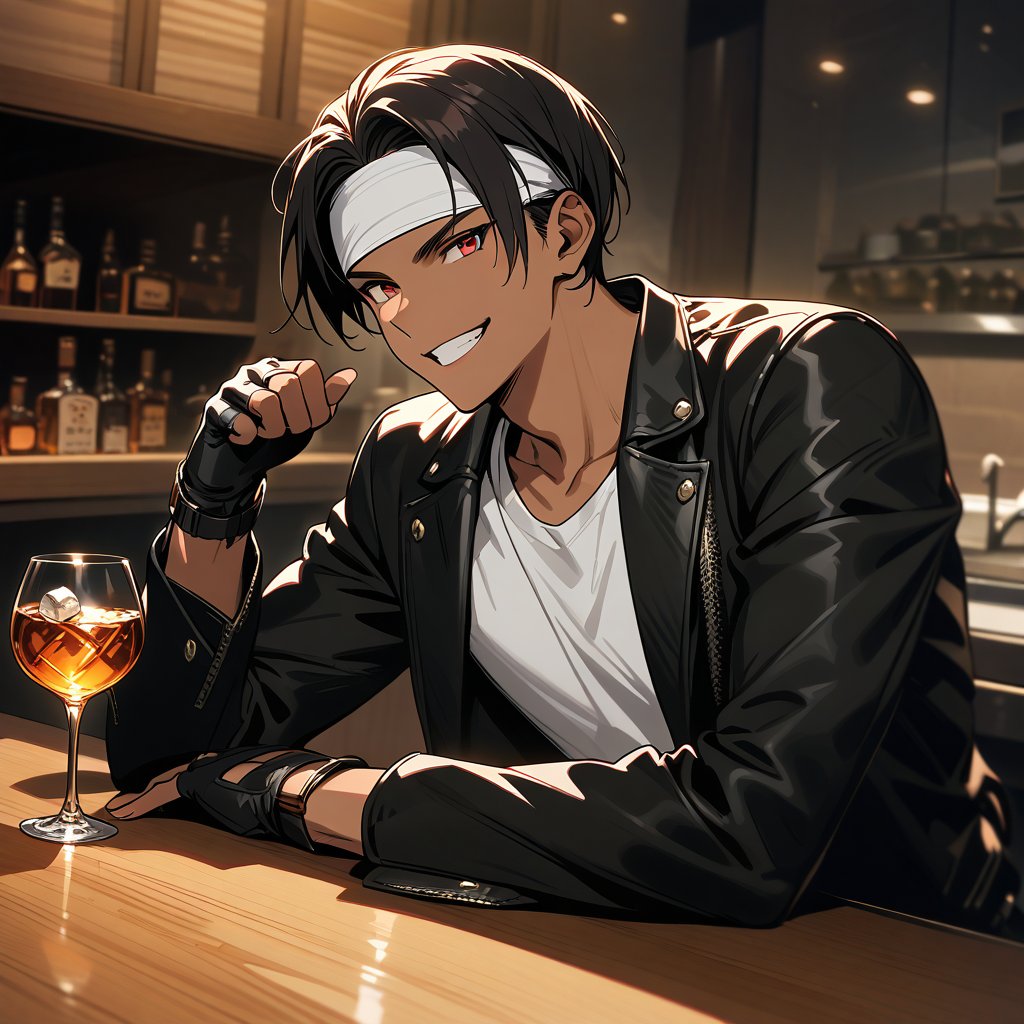 Orochikyo, 1 person,Dark Skin,Red eyes,Black jacket, Fingerless gloves, White T-shirt, White headband, Black trousers, White shoes, Brown belt, good looking,indoor, charm, masterpiece, High resolution, Detailed face,fine grain, A confident grin,Take a seat at the counter,Drinking whiskey from a rocks glass