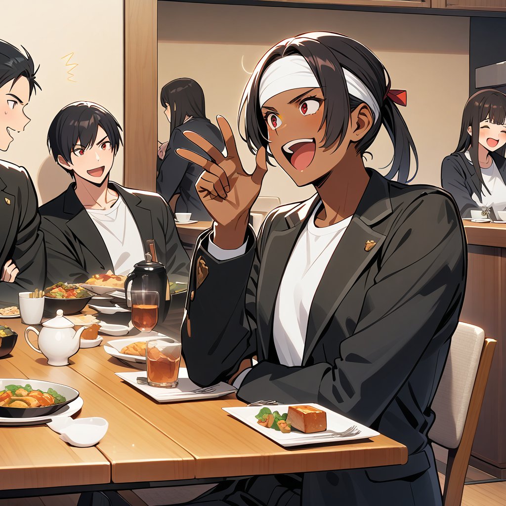 Orochikyo, Dark Skin,Red eyes,Black jacket, Fingerless gloves, White T-shirt, White headband, Black pants, White shoes, Brown belt, good looking,indoor, charm, masterpiece, High resolution, Detailed face,fine grain, Confident surprised face,School trip,Dining with friends at the accommodation,Laughing and talking