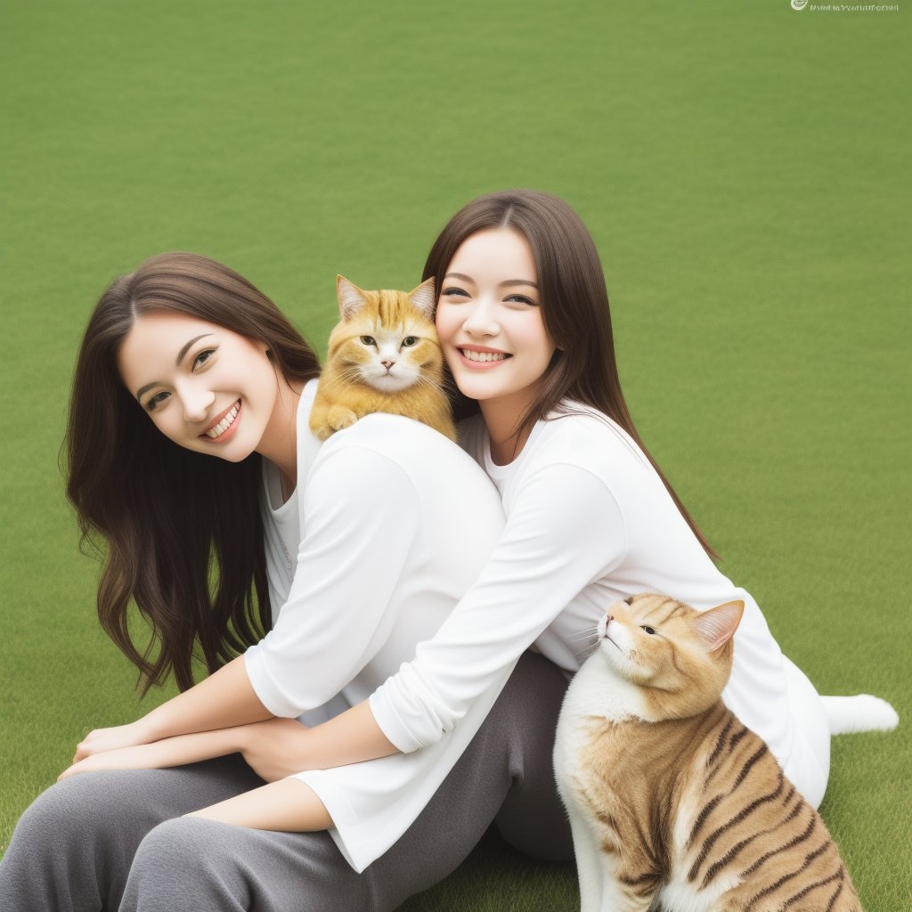 drawing of a girl with long brown hair, light brown eyes, with a smiling expression on her face, wearing a white shirt and a black sweatpants, sitting on the grass floor in her legs, she has an orange cat and the girl He is petting a medium-sized white dog with an orange spot on his face, in a park background