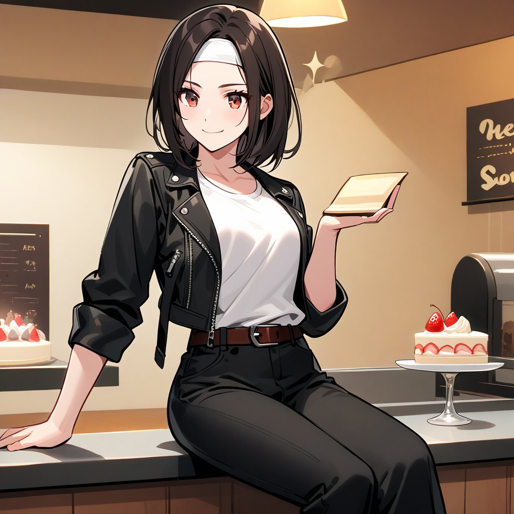 A warm and inviting shot of a woman reveling in the joy of cake at a cozy coffee shop. She sits with a happy expression, her bright red eyes sparkling as she takes a bite. Her outfit is stylishly casual, featuring a black jacket rolled up to the elbows, white T-shirt, fingerless gloves, and black long pants paired with crisp white shoes. A brown belt cinches at her waist, while a sleek white headband adds a touch of sporty chic to her short, dark hair.