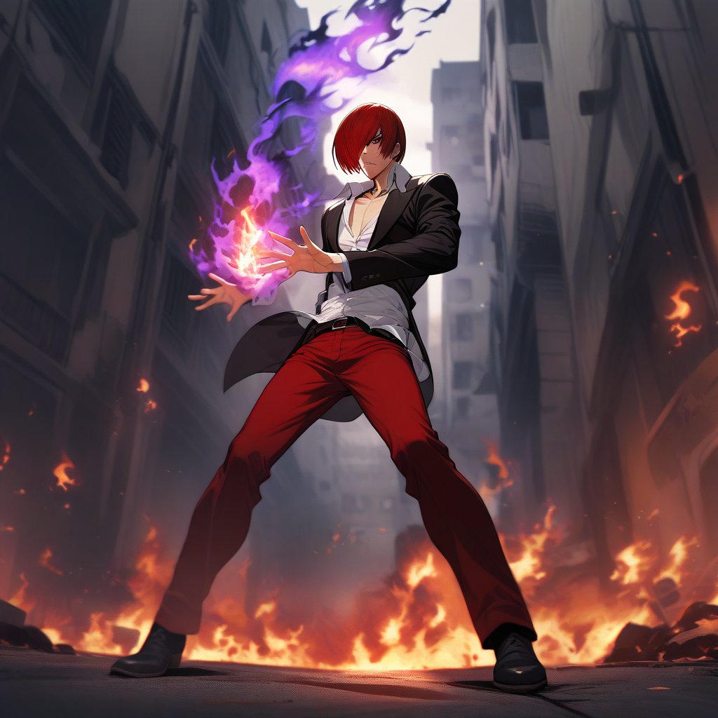 1 boy, solo, fighting face, Iori Yagami, red hair, short hair, hair over one eye, red eye, collarbone, (very long white shirt), black jacket, red pants, chockers, black boots. Fighting stance, (large purple flame released from wide open palm: 1.49), (dark purple flame element: 1.5) burning brightly. Background is in front of alley behind old high-rise apartment building, crescent moon in cloudy sky.RAW, Full Length Shot, Wide Long Shot, Side View, Ultra Fine, Fire Element, Fire Element Composite