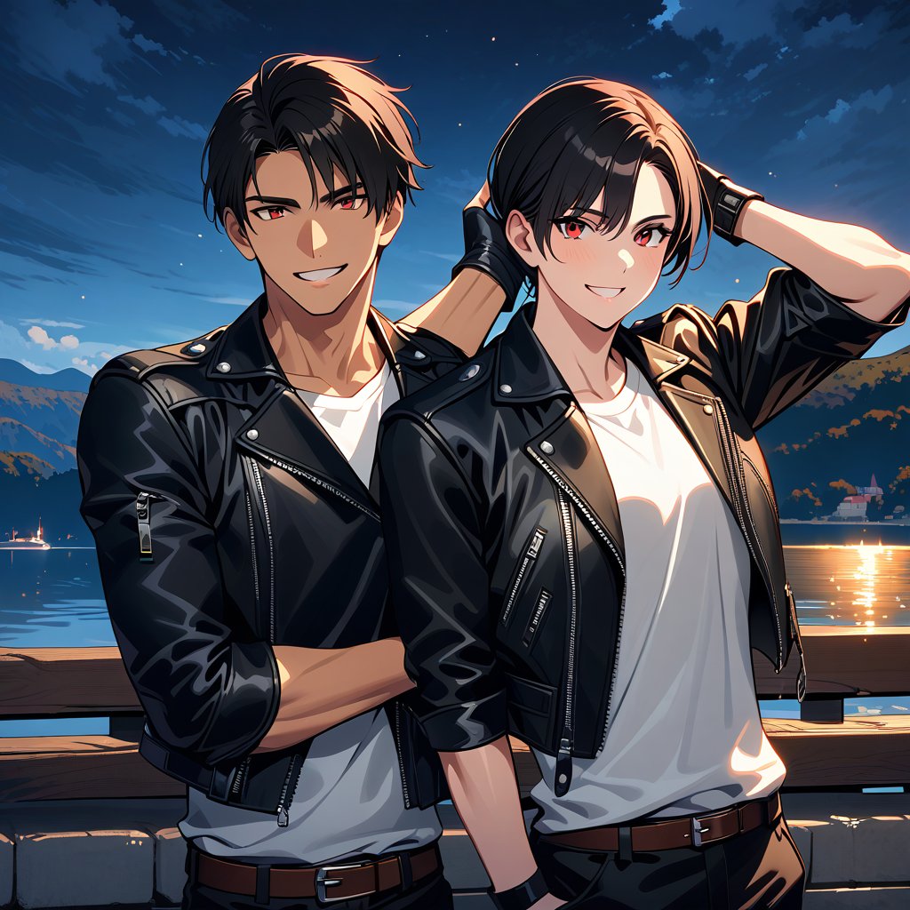 Orochiquillo, dark skin, couple, two people, man and woman, red eyes, ((black leather jacket with rolled up arms)), fingerless gloves, black hair, white T-shirt, ((white potholder)), black pants, white shoes, brown belt, handsome, shot, charming, masterpiece, high resolution, detailed face, fine grain, night, cloudy sky, confident smiling, with lover, Plitvice Lakes National Park in background, Croatia, standing, both men and women wearing same clothes and hairstyle, hands on head, toothy smile, looking at viewer