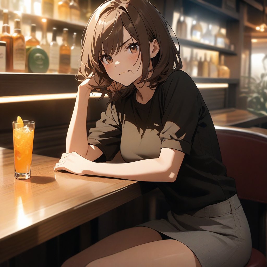 Italian girl with short brown hair, angular chin, sitting at a bar table