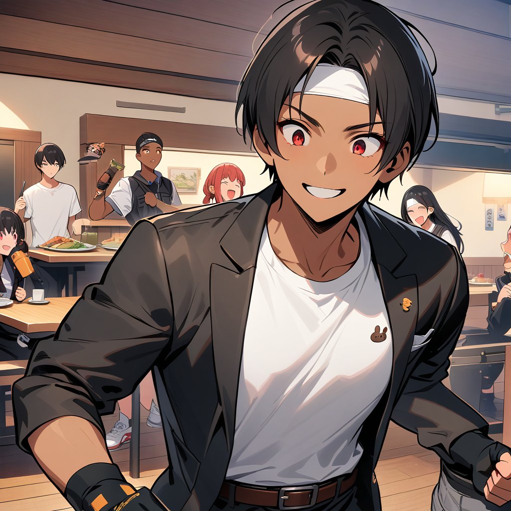 Orochikyo, Dark Skin,Red eyes,Black jacket, Fingerless gloves, White T-shirt, White headband, Black pants, White shoes, Brown belt, good looking,indoor, charm, masterpiece, High resolution, Detailed face,fine grain, Confident surprised face,School trip,Dining with friends at the accommodation,Laughing and talking