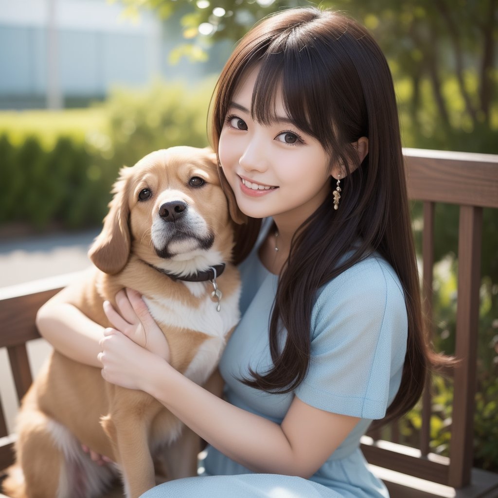 Create an anime-style portrait of a Japanese girl。Her hair is short and dark brown。The girl has a gentle smile。She looks loving、Holding a cute dog、It's a scene that evokes warmth and camaraderie.。Background、It should be a blend of warm and cool colors that complement the overall composition.。She is wearing a light blue dress with intricate details.、Gives an elegant impression。The overall atmosphere of the piece is bright and attractive.、Capture the girl's kind and friendly personality。