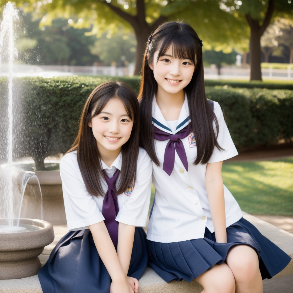 Please produce a high school girl wearing a Japanese school uniform. She is holding a medium-sized Shiba Inu dog. Her hair is short and dark brown, and she has a gentle smile on her face. She is sitting on a park bench and there is a fountain in the background. (Top quality, 8K, Masterpiece:1.3), highly detailed, realistic, high resolution