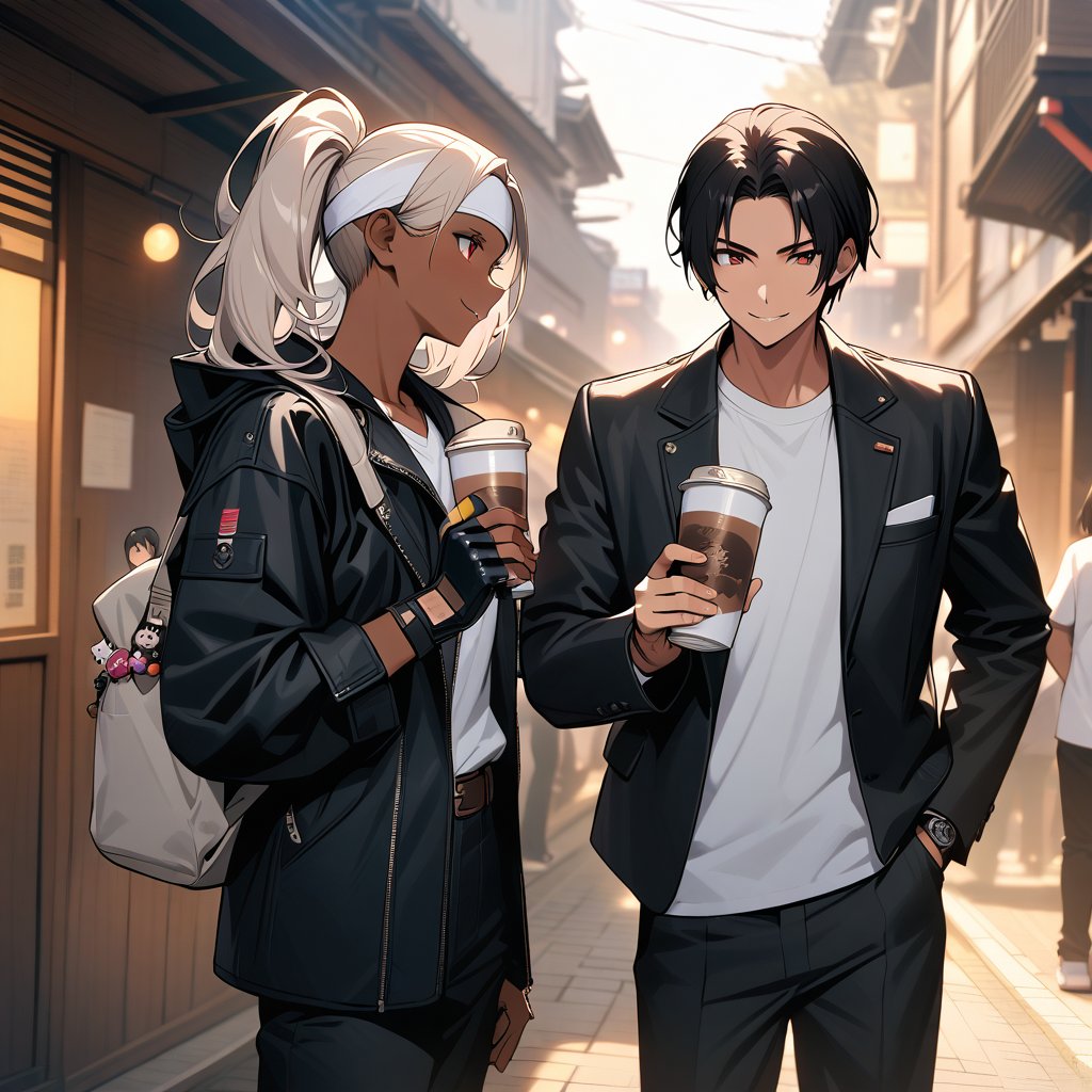 Orochikyo, Dark Skin,Red eyes,Black jacket, Fingerless gloves, White T-shirt, White headband, Black trousers, White shoes, Brown belt, good looking,Outdoor, charm, masterpiece, High resolution, Detailed face,fine grain, A confident smile,Talking with friends at Tsutenkaku in Osaka,While drinking canned coffee