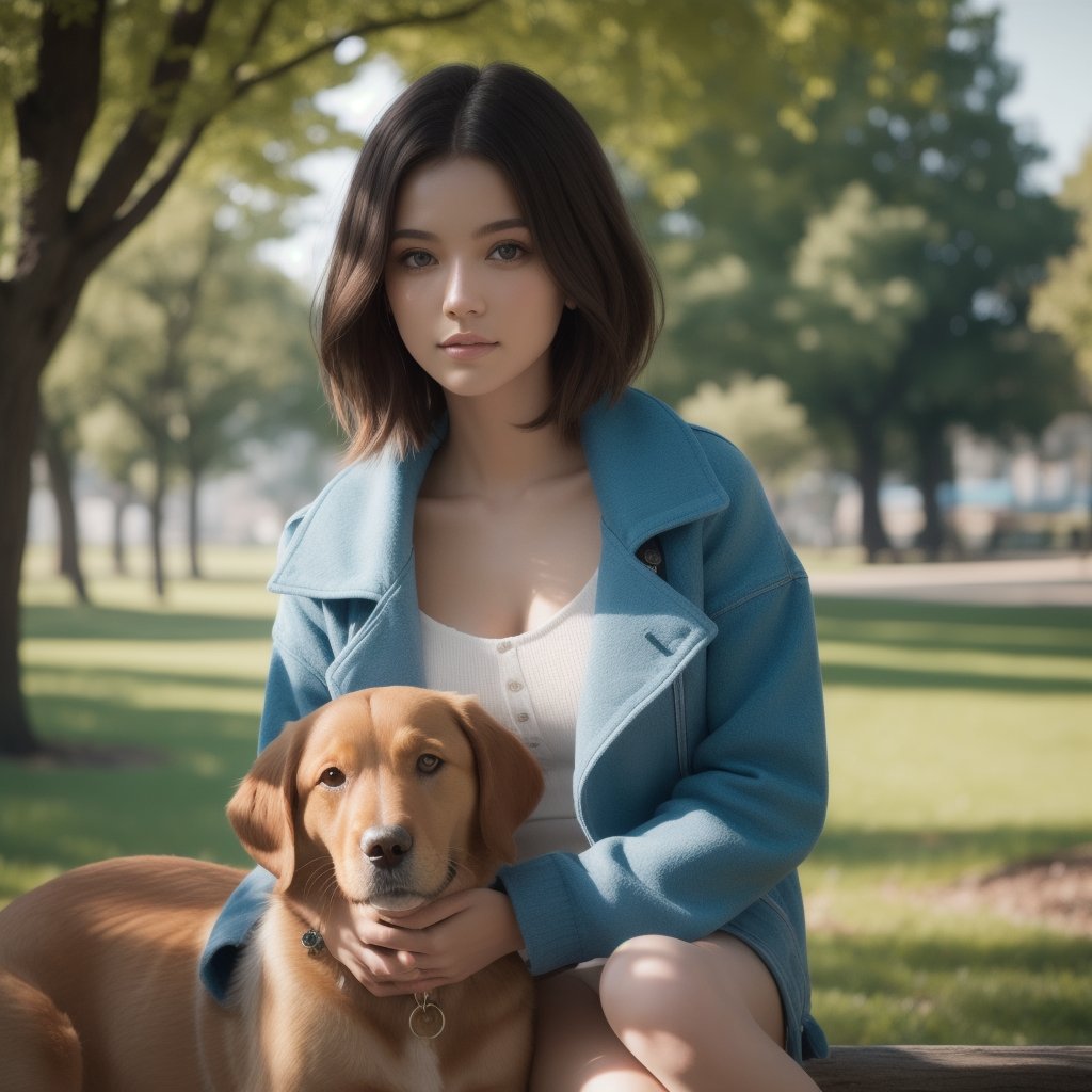 award-winning photography, ultra high detailed background, wide angle lens , young woman, park bench, dog, short hair, blue eyes, slight smile, warm, golden light, soft shadows, trees overhead, 8K, hyper-detailed textures, dramatic lighting, contours, fur, atmospheric light volumetrics, depth, dimension, shallow depth of field, cinematic still quality, beauty, the natural world, fine art fashion editorial collection edition, Unreal Engine 5