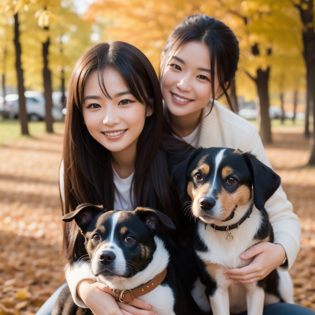 Imagine a person in autumn with a beautiful smile and their dog