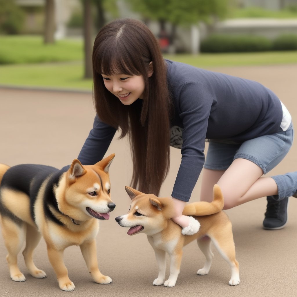 Attractive girl playing with a young Shiba Inu,ziprealism