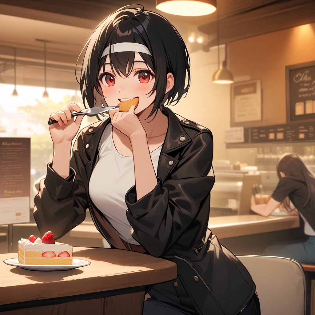 High resolution, high definition, woman eating cake, coffee shop, happy expression, she is wearing ((black jacket with rolled up sleeves)), fingerless gloves, white T-shirt, ((white headband)), black long pants, white shoes, brown belt, black hair, short cut, red eyes