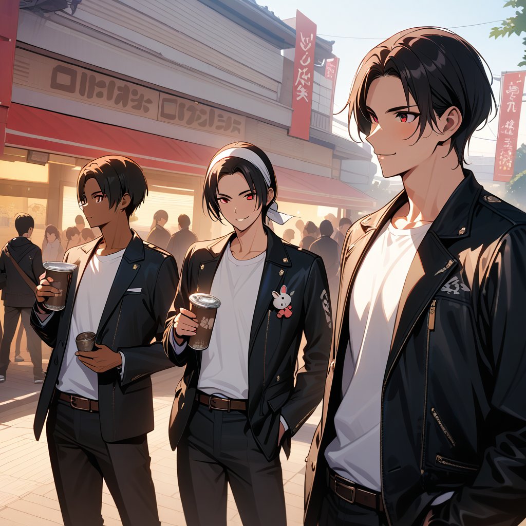 Orochikyo, Dark Skin,Red eyes,Black jacket, Fingerless gloves, White T-shirt, White headband, Black trousers, White shoes, Brown belt, good looking,Outdoor, charm, masterpiece, High resolution, Detailed face,fine grain, A confident smile,Talking with friends at Tsutenkaku in Osaka,While drinking canned coffee