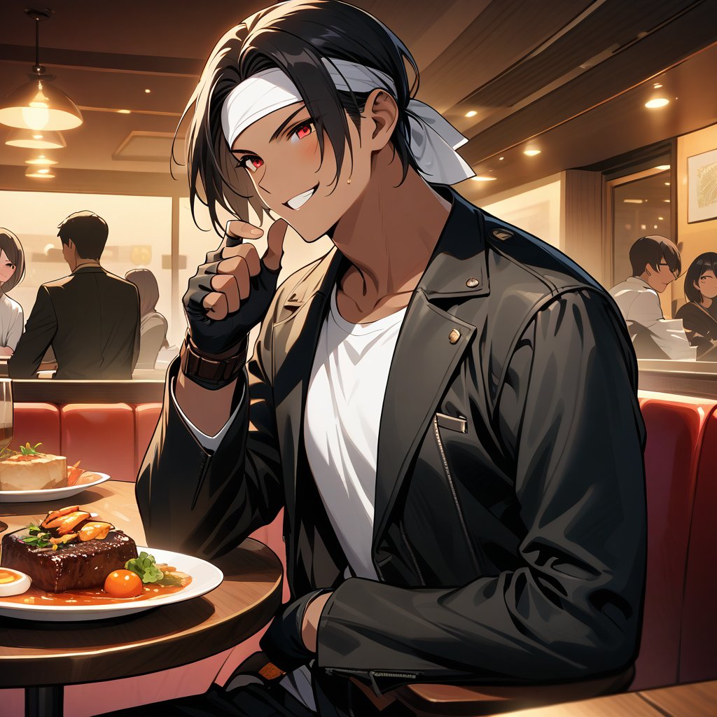 Orochikyo, Dark Skin,Red eyes,Black jacket, Fingerless gloves, White T-shirt, White headband, Black trousers, White shoes, Brown belt, good looking,indoor, charm, masterpiece, High resolution, Detailed face,fine grain, A confident grin,Dining with friends at a restaurant,speaking