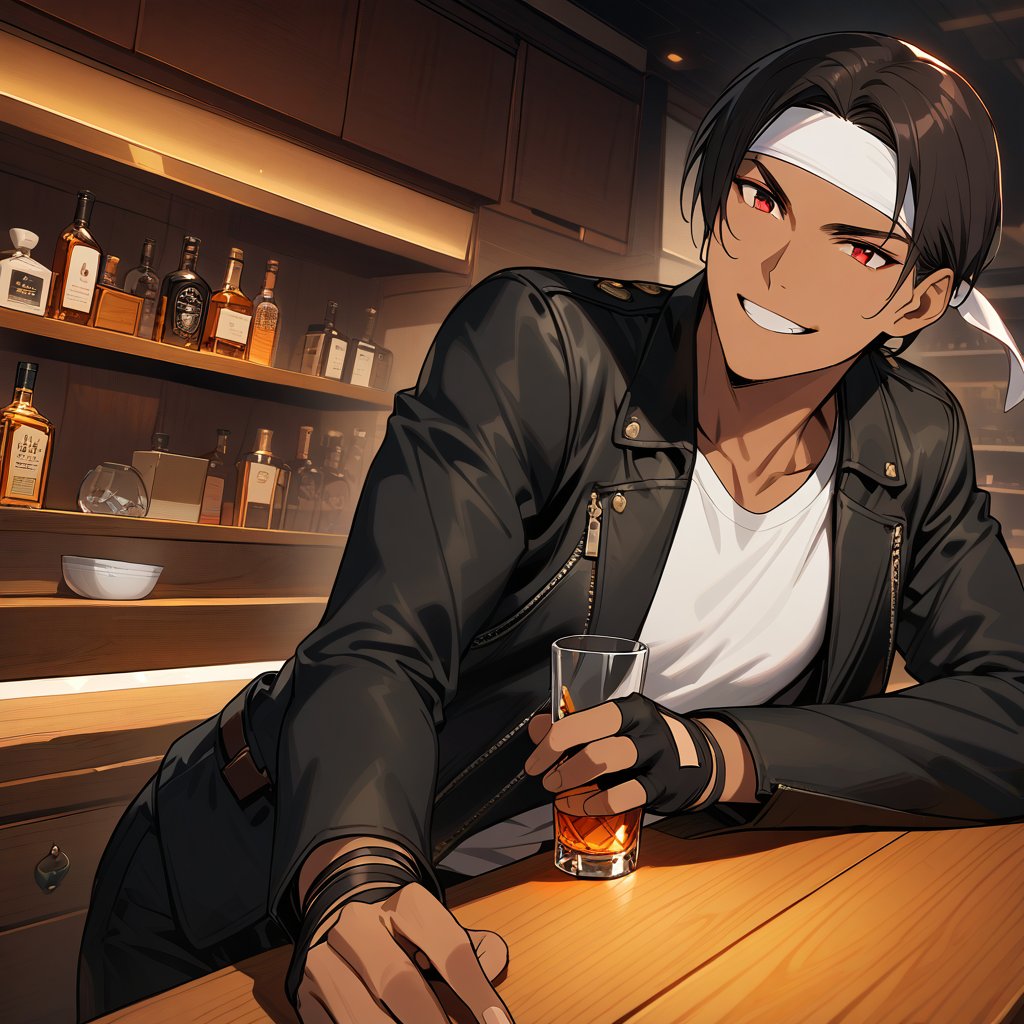 Orochikyo, 1 person,Dark Skin,Red eyes,Black jacket, Fingerless gloves, White T-shirt, White headband, Black trousers, White shoes, Brown belt, good looking,indoor, charm, masterpiece, High resolution, Detailed face,fine grain, A confident grin,Take a seat at the counter,Drinking whiskey from a rocks glass