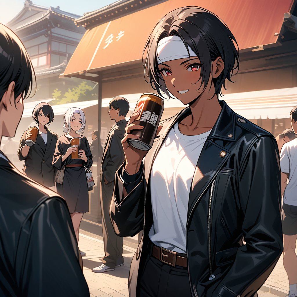 Orochikyo, Dark Skin,Red eyes,Black jacket, Fingerless gloves, White T-shirt, White headband, Black trousers, White shoes, Brown belt, good looking,Outdoor, charm, masterpiece, High resolution, Detailed face,fine grain, A confident smile,Talking with friends at Tsutenkaku in Osaka,While drinking canned coffee