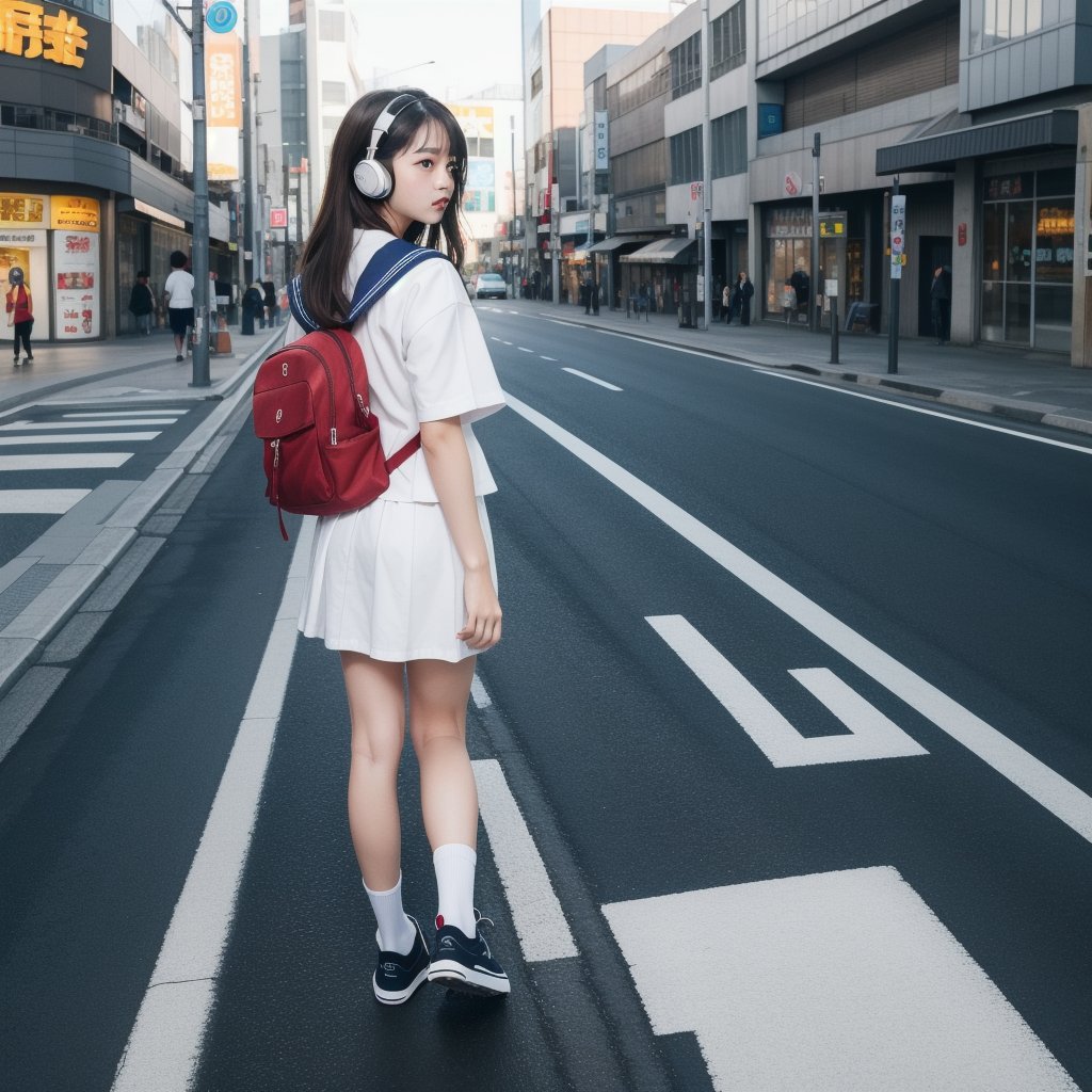 (masterpiece), (highest quality:1.4), (Ultra-high resolution:1.2), Highly detailed background, (unity 8k wallpaper), Cute high school girl walking through the streets of Tokyo with headphones on。Illustrations inspired by city pop culture、Sailor suit、Wear loose socks for a stylish and nostalgic look、Displaying one subject without splitting the screen、17 years old、expensive