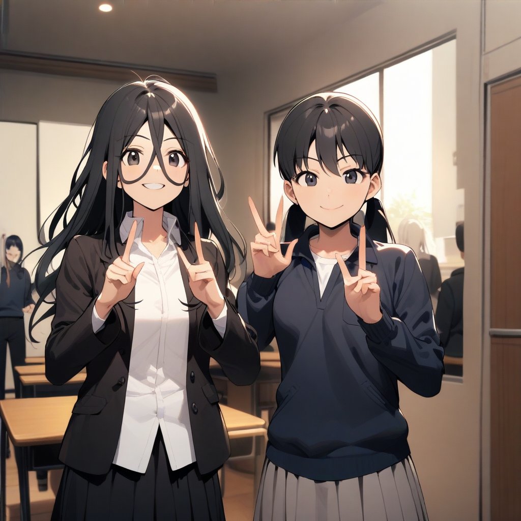 A confident smile, Two students demonstrating a gesture commonly associated with a peace sign while speaking by, slacks, Black Hair, indoor, in, skirt, shirt, ((((complete fiine fingers))))
