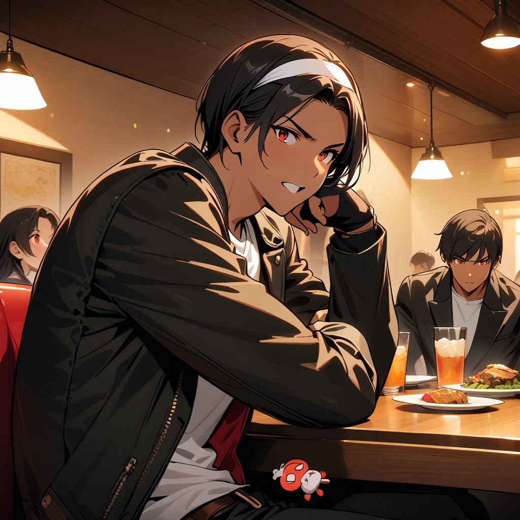 Orochikyo, Dark Skin,Red eyes,Black jacket, Fingerless gloves, White T-shirt, White headband, Black trousers, White shoes, Brown belt, good looking,indoor, charm, masterpiece, High resolution, Detailed face,fine grain, Confident surprised face,Dining with friends at a restaurant,speaking