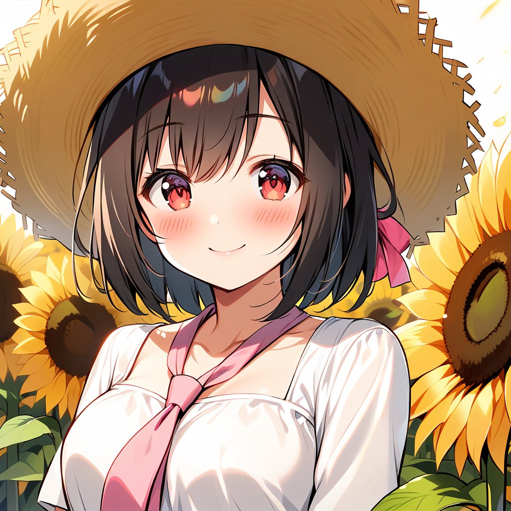 Alone, One Girl, Hair Ribbon, Pink Tie, (White Dress), Sunflower Field, Red Eyes, Dark Hair, (Blush:1.5), (Very Smile:1.4), Slightly Larger Bust, Wearing Straw Hat