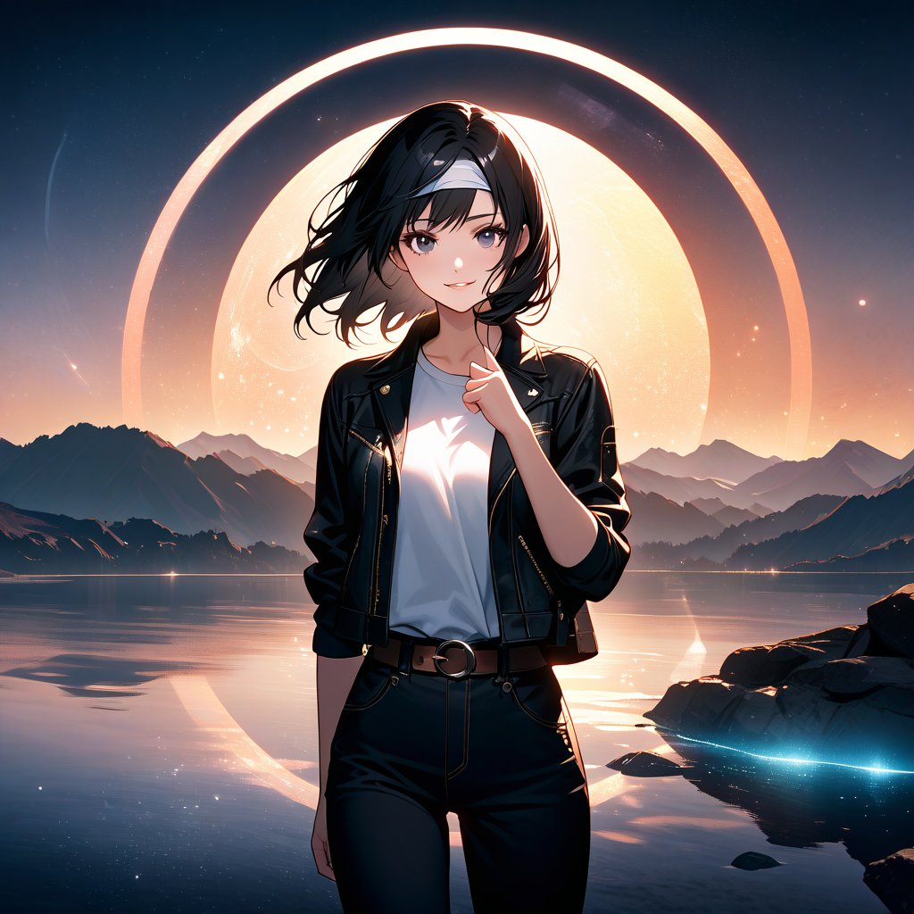 In a soft focus bokeh shot with an out-of-focus highlight, a high school girl anime illustration stands out against a dreamy, glowing circle set within a fascinatingly deep and realistic landscape. She wears a black jacket with rolled-up sleeves, fingerless gloves, a white T-shirt, and black trousers, topped off with a white headband and brown belt. Her index fingers point upwards as she closes her eyes and opens her mouth in a subtle smile. Her black hair is styled around her face, framing her striking features, including her dark eye makeup and prominent eyelashes, which seem to twinkle like the stars in the background. The overall atmosphere is one of serene tranquility, inviting the viewer to step into this idyllic scene.