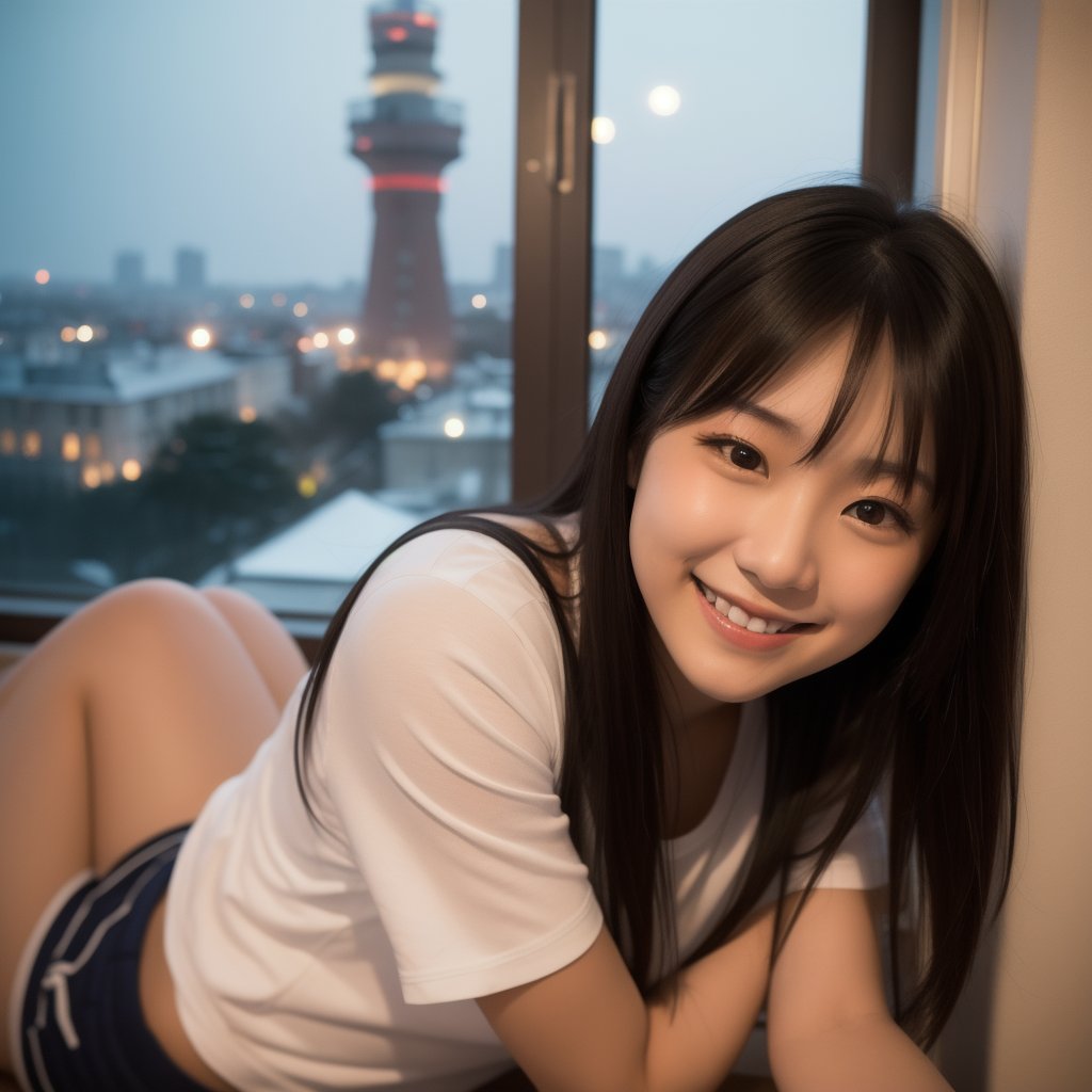 The face of a young Japanese woman smiling slightly while posing like a model by the window. Focal length 100mmf/2.8, early winter night, living room on the upper floor of a tower apartment, plain T-shirt and shorts, close-up of eyes, film quality.