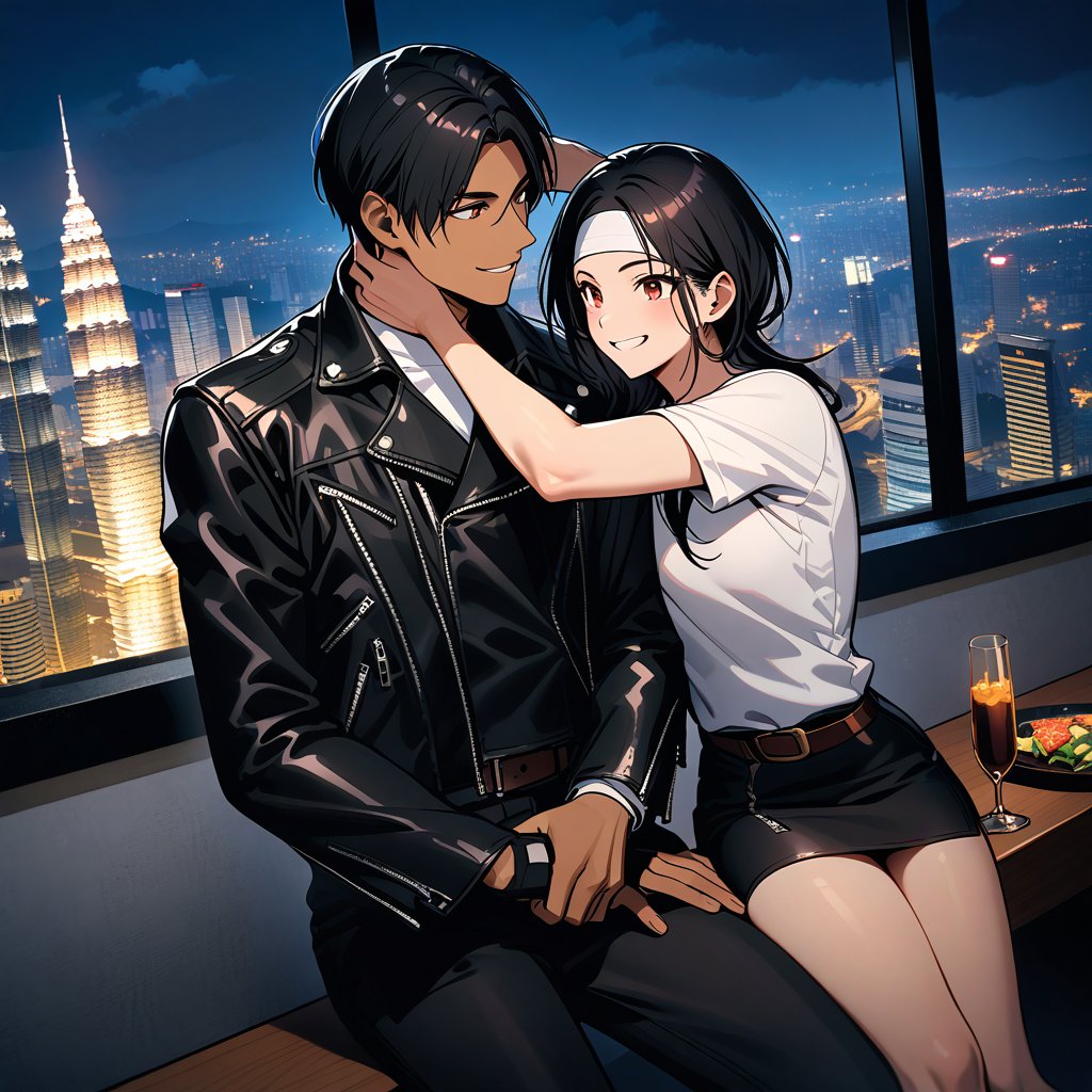 Orochiquillo, dark skin, couple, two people, man and woman, red eyes, ((black leather jacket with rolled up arms)), fingerless gloves, black hair, white T-shirt, ((white headband)), black pants, white shoes, brown belt, handsome, shot, charming, masterpiece, high resolution, detailed face, fine grain, night, cloudy sky, confident smiling, with lover, Petronas Twin Towers, Malaysia, dining on terrace, same clothes and hairstyle for both sexes, hands on head, toothy smile, sitting cross-legged