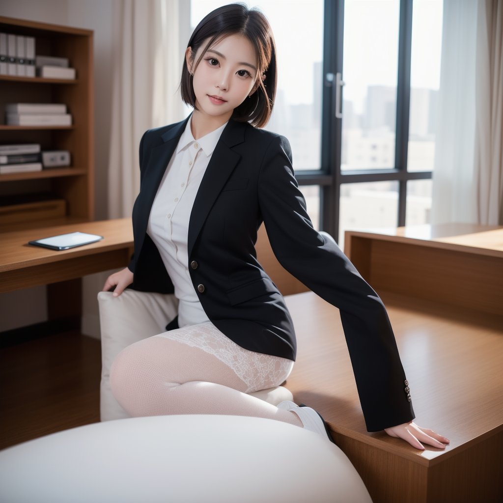 office of、Portrait of a woman in a business suit, highest quality、hyper hd、Yoshitomo Nara, japanese model, beautiful japanese girl, with short hair, 27 years old female model, 4k ], 4K], 27 years old, sakimichan, sakimichan