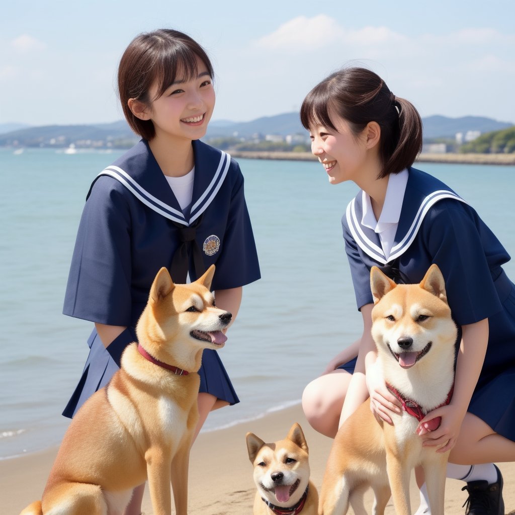 ((Best quality, 8K, masterpiece:1.3)), Japanese high school girl with short bob hair, wearing a sailor uniform, happily interacting with a Shiba Inu, confident smile, happy expression, seaside location, blue sky