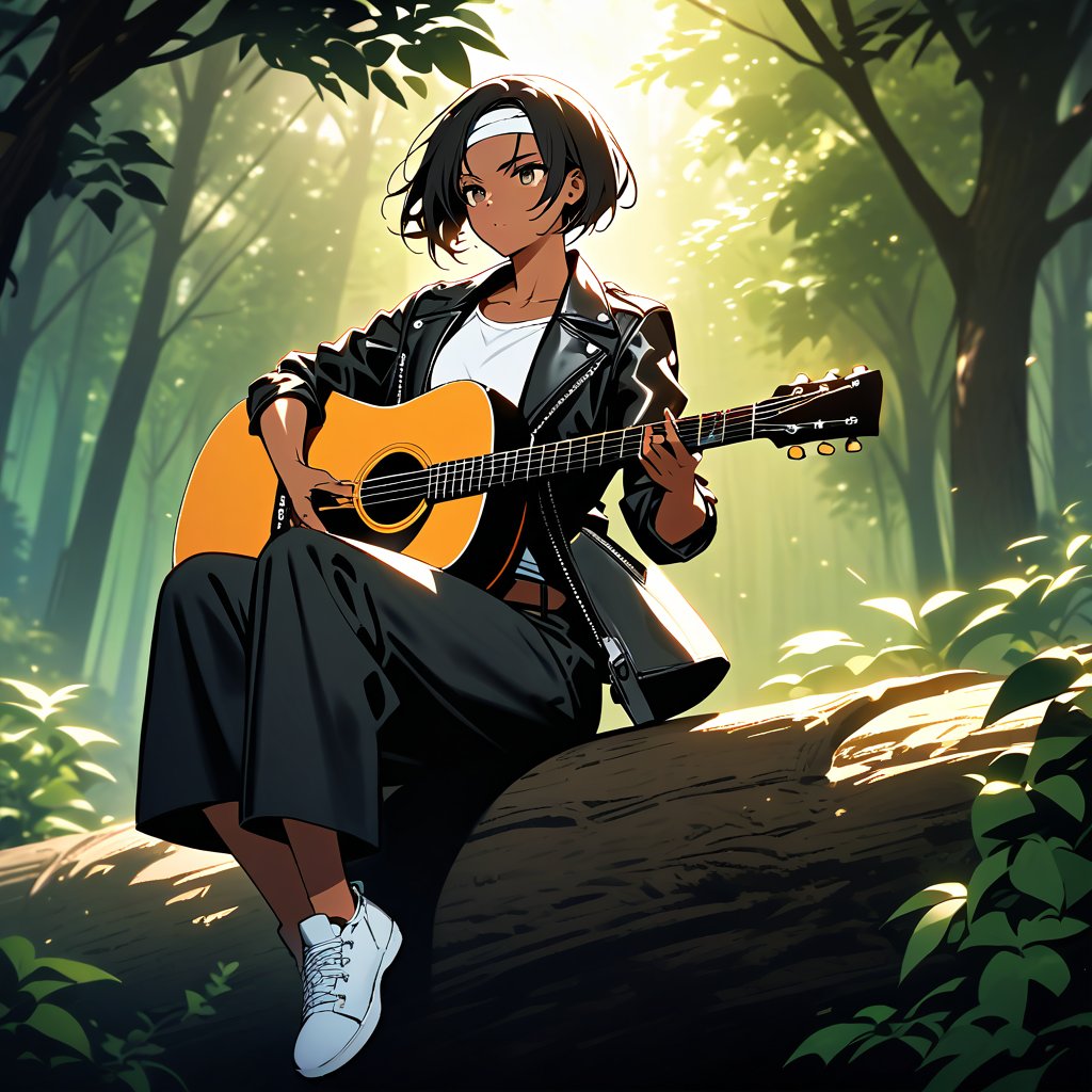 In a quiet forest, a beautiful young woman sits on a tree trunk, ((playing guitar)). Her dark skin glows in the soft, cool climate. Her short-cut black hair is in loose waves, and her expressionless smile is a subtle contrast to her dynamic pose. She wears fingerless gloves, a black leather jacket rolled up to her elbows, a white T-shirt, and black pants. A white headband is wrapped around her forehead, and white shoes and a brown belt complete her outfit. The background is detailed, with lush greenery and filtered sunlight casting a warm glow.