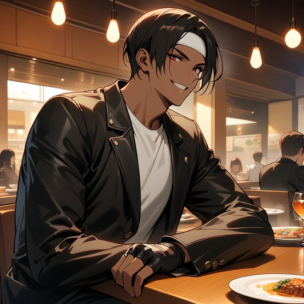 Orochikyo, Dark Skin,Red eyes,Black jacket, Fingerless gloves, White T-shirt, White headband, Black trousers, White shoes, Brown belt, good looking,indoor, charm, masterpiece, High resolution, Detailed face,fine grain, A confident grin,Dining with friends at a restaurant,speaking