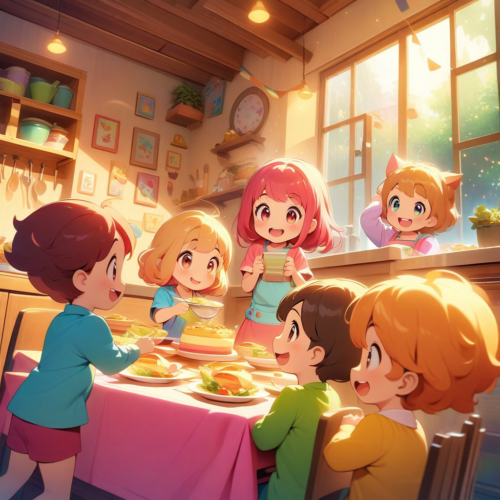 Group of cheerful children excitedly heading to the dining table, ready to set it, smiling widely, colorful and lively kitchen setting, cartoonish charm, soft and glowy lighting, highly detailed digital illustration, similar to high-quality children's books, DIGITAL ART